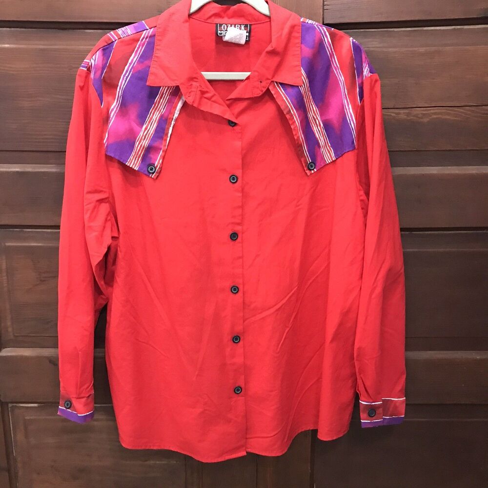 Vintage 80's Ozark Mountain Red Button Up Shirt Size 22 Cowgirl Rockabilly Rodeo